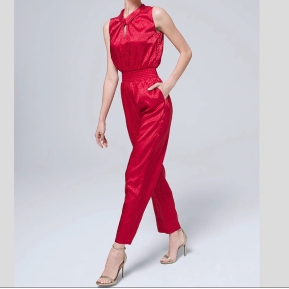White House Black Market Pants - White House Black Market Red Jacquard Jumpsuit